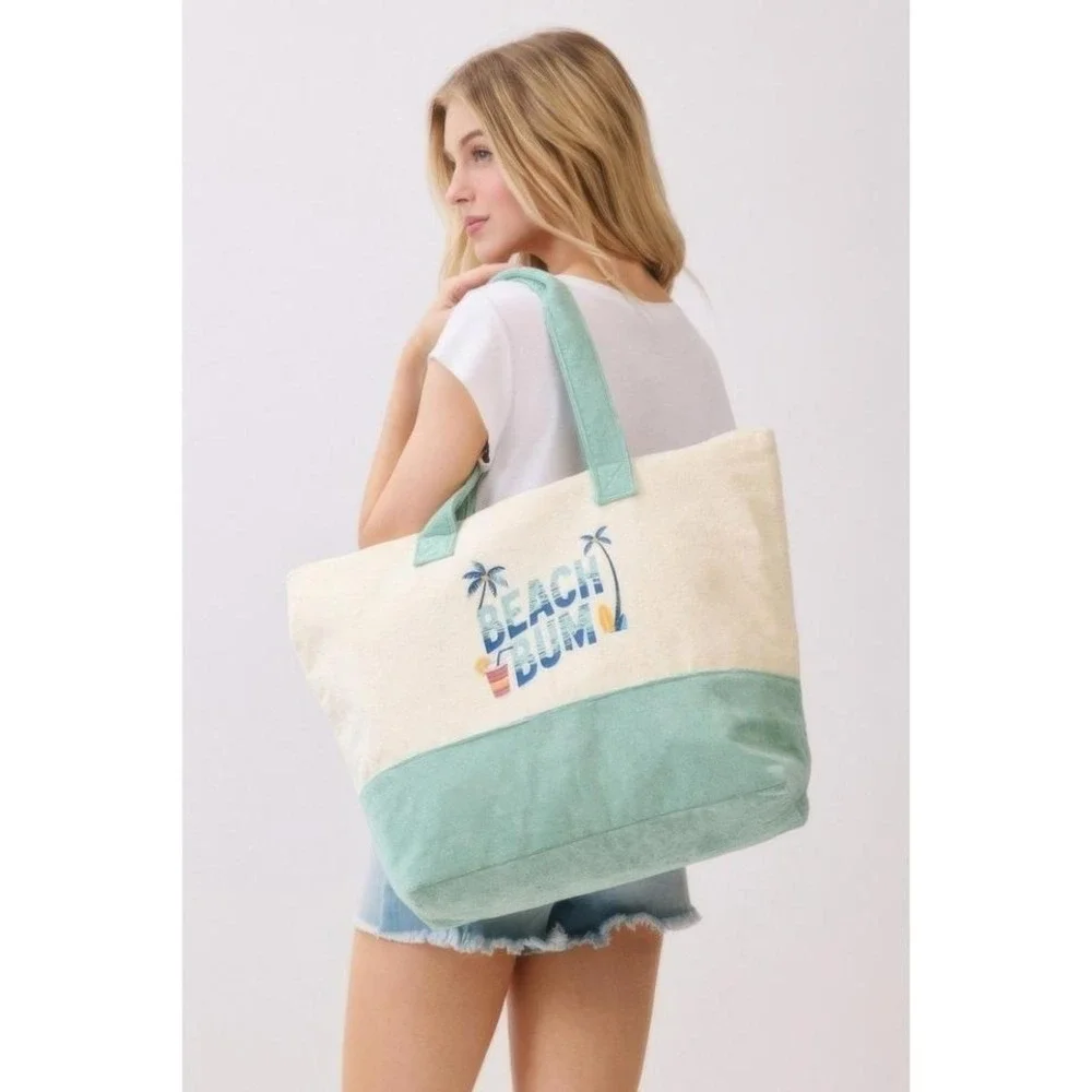 Beach Tote Bag Canvas Beach Bag Mint Green Cream‎ Summer Vacation